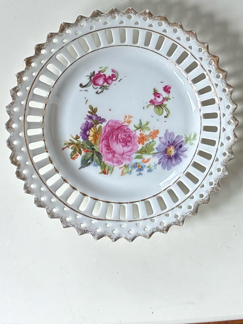 Antique Carl Schumann 1900-20 6" Reticulated Dessert Plate with floral gold (#5)